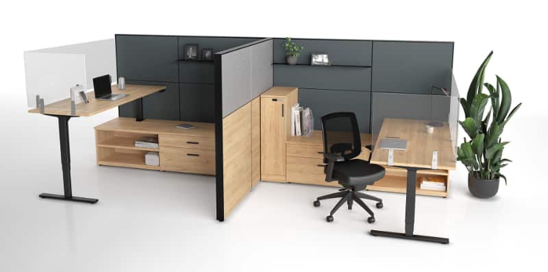 Two-desk unit with adjustable desks and storage